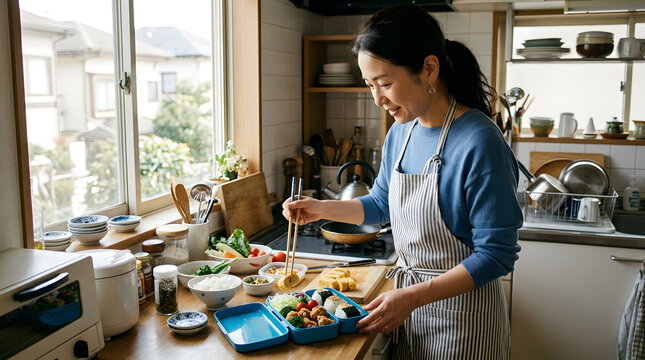 明るいキッチンでお弁当箱に卵焼きや唐揚げを詰める主婦の料理写真