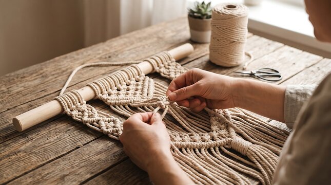 Close-up of human hands tying knots to create a macrame wall hanging on a rustic wooden table with crafting tools nearby.