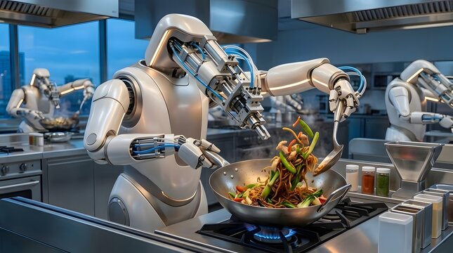 Robotic arms are cooking stir fried noodles and vegetables in a wok on a gas stove  with additional robotic arms visible in the background of a modern kitchen