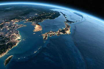 Fototapeta premium 宇宙から見た夜の日本列島と世界を繋ぐ都市の光輝く地球