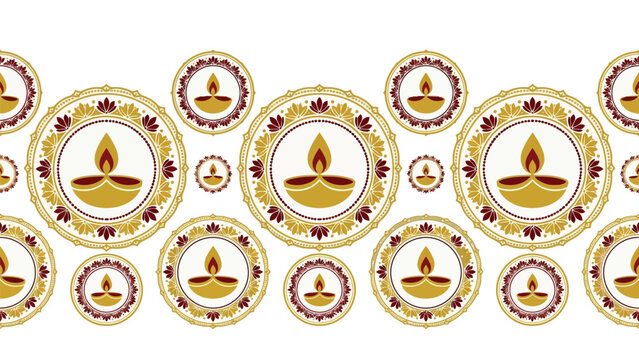 Elegant diya border with golden mandala patterns on a white background, representing the traditional festival of lights, perfect for Diwali greeting cards and festive banner designs.