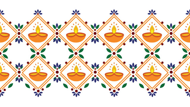 Traditional Diya border pattern with glowing oil lamps set in geometric diamond motifs, ideal concept for festive Diwali greetings, social media headers, and cultural event invitation decor