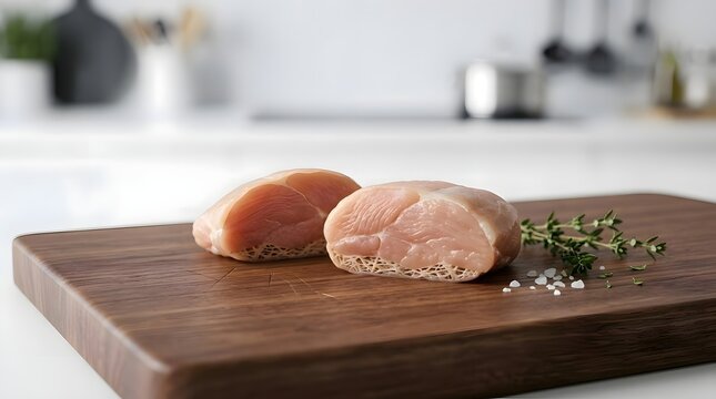 Two uncooked chicken breasts rest on a dark wooden cutting board  accompanied by sprigs of fresh thyme and coarse salt  ready for prepa n in a bright  minimalist kitchen setting