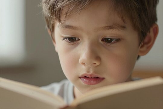 Captures Close Of Young Child Engrossed In Reading Book Light Brown Hair With Hints Darker Tones Particularly Around Parting On Top