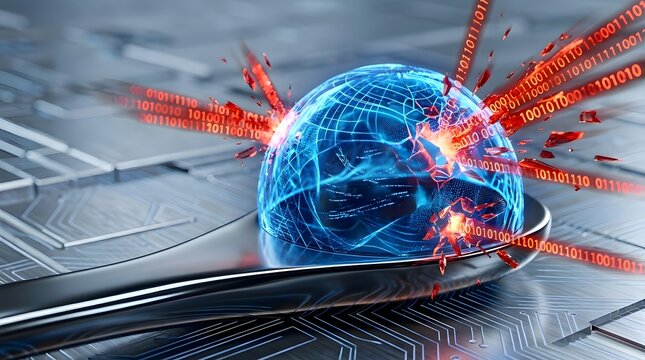 A translucent blue globe with glowing lines is breaking apart as red binary streams explode outward over a metallic circuit board surface