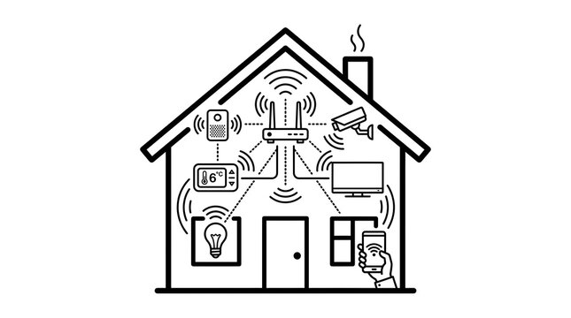 Smart Home Black and White Line Art Icon with Connected Iot Devices