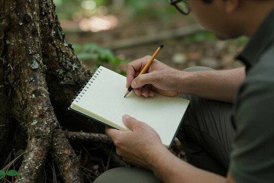 Captures Individual Engaged In Act Of Writing Drawing On Spiral Bound Notebook With Lined Paper Person Seated Outdoors As Evidenced