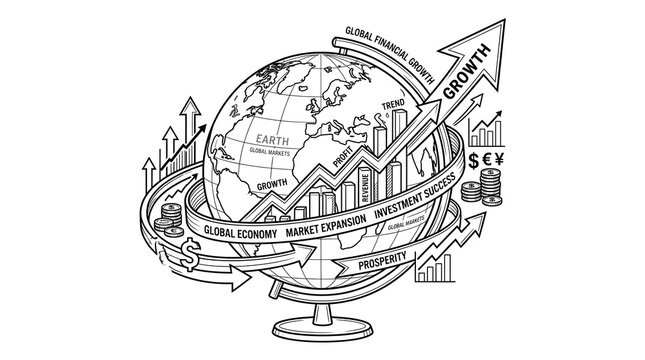 Globe Line Art with Upward Arrows Illustrating Global Financial Growth and Investment