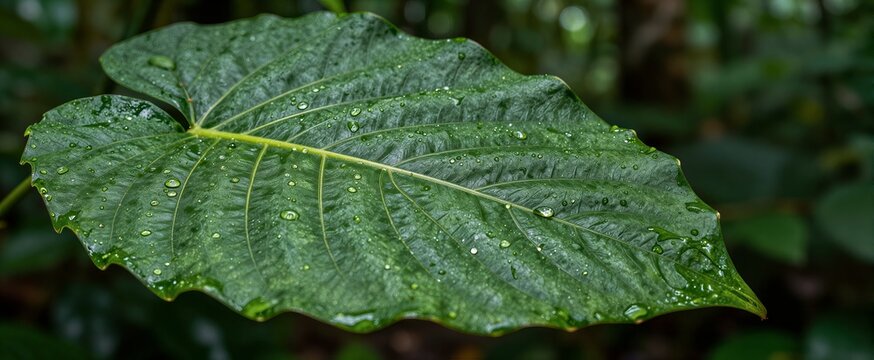 Captures Single Green Leaf With Water Droplets Clinging To Surface Suggesting Recent Rainfall Dew Main Subject Of Photograph Occupying