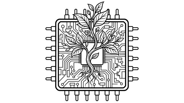 Conceptual imagery depicting the fusion of nature and technology with organic growth emerging from a complex electronic circuit board representation integrated within a computer processing chip