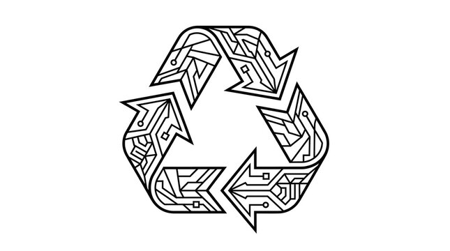 Digital circuitry integrated into the universal symbol for sustainability and environmental responsibility representing the circular economy and resource management in technological advancements