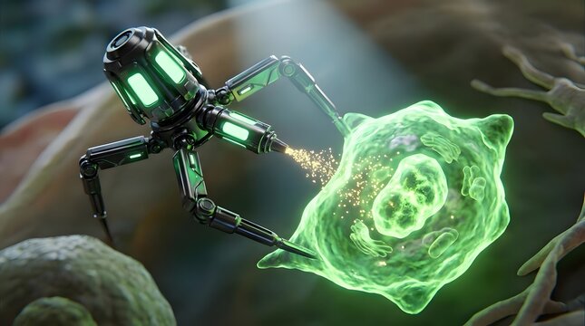 A small robotic device with green illumination is shown interacting with a glowing green cell like structure within a biological setting