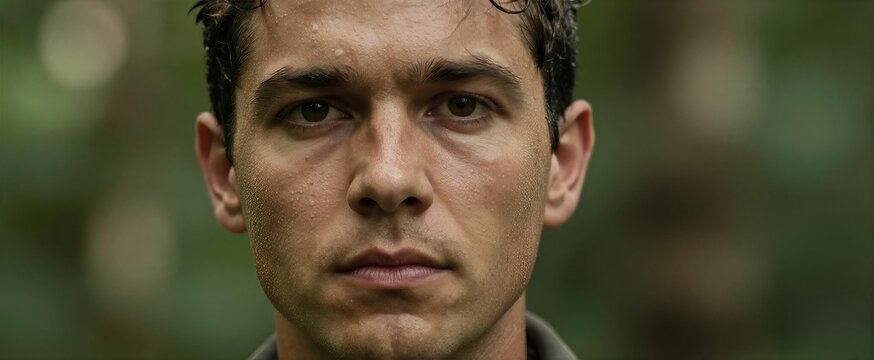 Close Portrait Of Adult Male With Serious Expression On Face Skin Damp Glistening Suggesting Sweating Exposed To Moisture Prior Taken