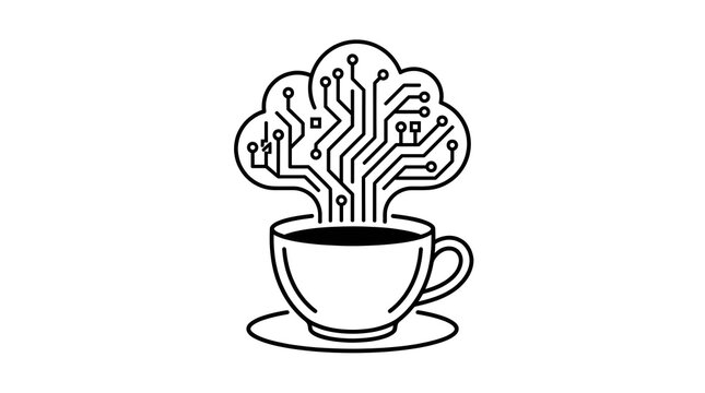 Artificial Intelligence Coffee Cup Line Art Icon with Circuit Brain Steam