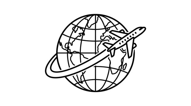 Airplane Orbiting Globe Line Art Icon for Global Travel Concepts