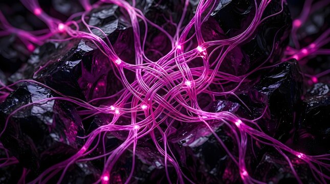 Glowing pink fiber strands interlace and connect across a cluster of dark  reflective crystalline structures  creating a luminous  otherworldly texture
