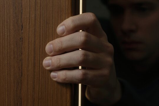Captures Close Of Individuals Hand Gripping Edge To Wooden Surface With Vertical Grain Patterns Suggesting Part Furniture Cabinetry