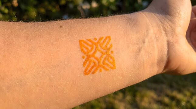 An orange  intricate geometric pattern is applied to the skin of a person s forearm  with soft natural lighting and out of focus greenery in the background