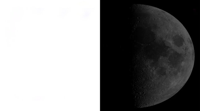 Realistic half moon in night sky, detailed lunar surface with craters, celestial astronomical illustration for science projects