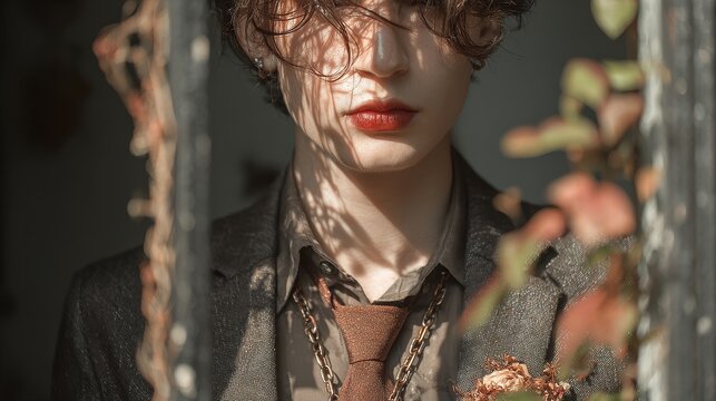 Closeup of beautiful woman with red lips, double exposure window shadow and pyrite foliage, noir style with dramatic contrast and barbed wire mood