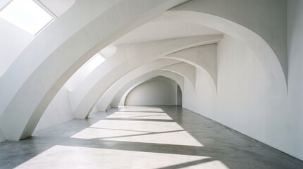 Fototapeta premium Modern white architectural interior with curved concrete arches and skylights, minimalist design, abstract geometry, bright natural light shadows on floor, empty spacious hall