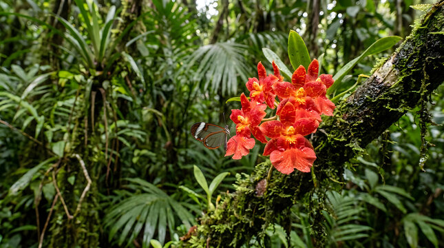 Bright red orchid flowers blooming on a mossy tree branch in the jungle