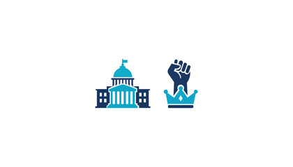 Obraz premium Government Building and Raised Fist Crown Icon, Democracy Politics Revolution and Freedom Power Vector Illustration