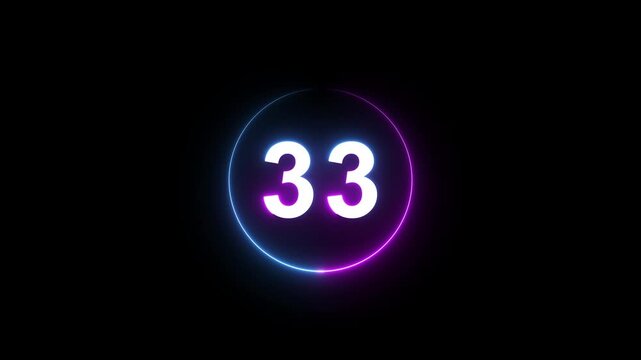 A dynamic circular animation, and glowing count neon number 33 animation . on a black background. and creating a stunning 4k video.