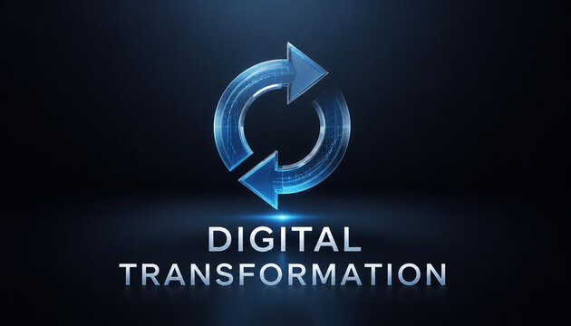 Glowing blue circular arrows icon symbolizing digital transformation concept with futuristic high tech glass design style