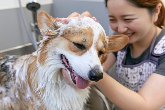 トリミングサロンで女性が愛らしいコーギーをシャンプーする瞬間