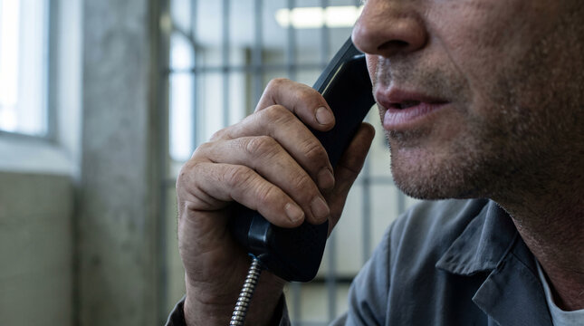 Man talking on telephone behind metal bars in jail