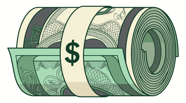 Roll of green us dollar bills secured with a paper currency band featuring a dollar sign