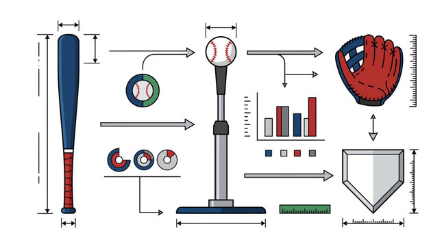 Baseball bat and equipment performance analysis diagram with measurement markers and statistics