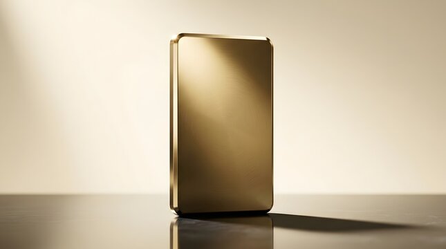 A sleek metallic golden rectangular block standing upright on a reflective dark surface