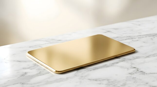 Empty rectangular golden serving tray placed on a white marble kitchen countertop surface