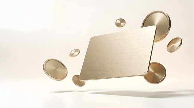 Floating golden credit card surrounded by gold coins on a clean white background