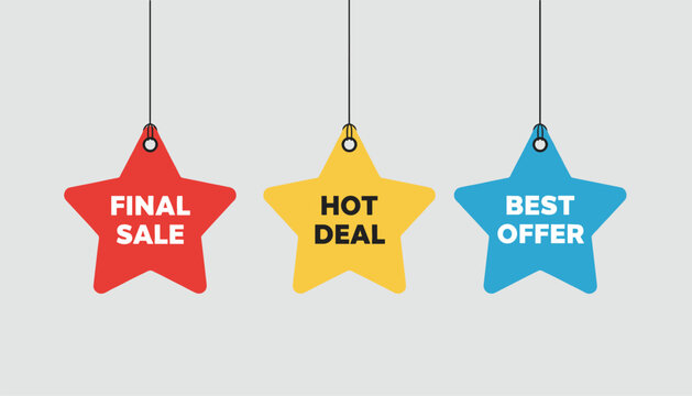 Hanging star-shaped retail promotional price tags showing messages for final sale, hot deal, and best offer on grey.
