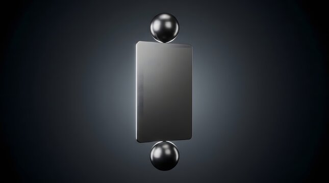 Modern smartphone floating between two metallic spheres against a dark grey gradient background