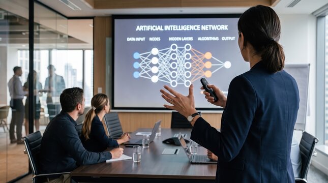 Businesswoman presenting artificial intelligence network diagram on screen to colleagues in modern conference room, explaining data input nodes hidden layers algorithms outputs