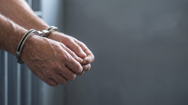 Man wearing metal handcuffs in a prison cell