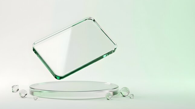 A floating glass rectangle plate above a circular podium on a soft green background