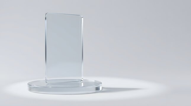 Empty glass award trophy standing on a reflective surface against a light background