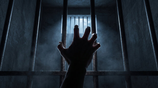 Hand reaching through prison bars toward light