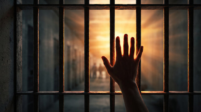 Silhouette of hand touching metal prison bars against sunset light