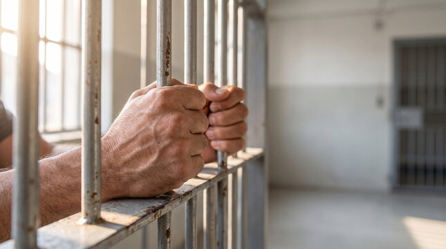 Male prisoner hands gripping metal bars in jail cell