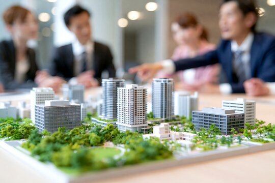 不動産都市開発計画を模型で議論するビジネスパーソンたち