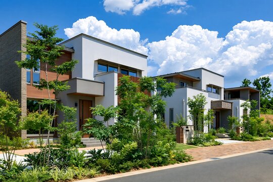 青空の下美しいデザインの家が並ぶ新築分譲住宅街の風景
