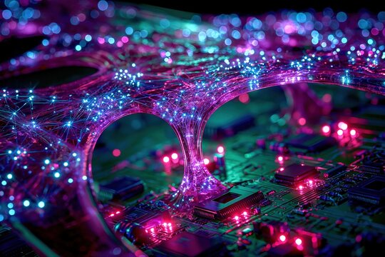 Cyberpunk circuit board with glowing neon pink purple connections