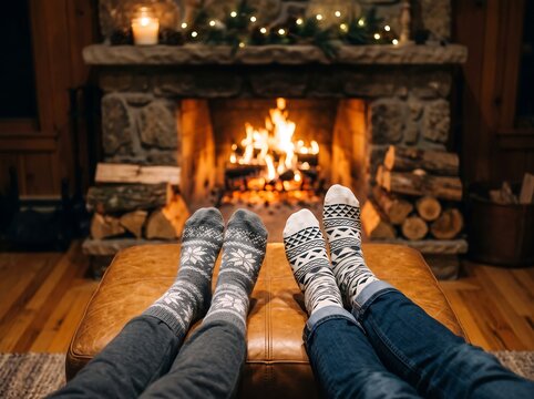 Couple relaxing by crackling fireplace in winter cabin