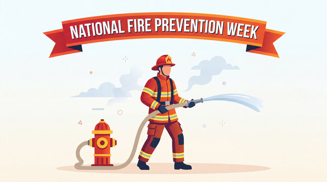 National Fire Prevention Week banner with a firefighter in gear holding a hose connected to a fire hydrant